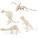 Model dinosaur skeletons of a T-Rex, pterodactyl, and two others on a white background. The bones are cream-coloured, conveying a playful tone.