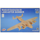 Woodcraft Construction Kit box for a Lancaster Bomber model on a blue background. The kit is labelled P320, featuring a wooden airplane design.