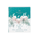 Festive teal and white candle box illustrated with snow-covered houses and fir trees, labelled "Festive Fir" with pine, mistletoe, and moss fragrance notes.