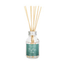 Festive Fir reed diffuser in a clear glass bottle with a teal festive label and natural wooden reeds.
