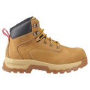 A side view of a pair of women's lace-up waterproof hunter safety boots on a white background