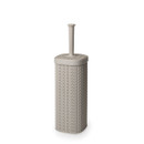 A view of a cream toilet brush and holder on a white background