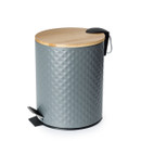 A grey and wood effect pedal bin on a white background