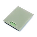 A view of a grey electronic weighing scale on a white background