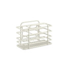 A view of a cream wire cutlery holder on a white background