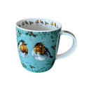 White ceramic mug with a teal-green background decorated with holly sprigs and two plump robins on the front. Inside the rim are small robin illustrations with festive holly details, continuing the seasonal design.