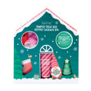 Front view of Technic Pamper Treat Box, a Christmas-themed gift set with bath products in a house-shaped package.