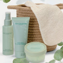 Body Collection England Awaken Body Glow Set arranged with eucalyptus leaves, showing body mist, body wash, shea sugar scrub, exfoliating mitt and woven basket.