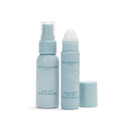 Close-up of the Body Collection England Sleep Duo set, showing the light blue sleep mist spray and matching pulse point roll-on with the cap removed.