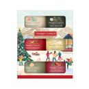 Front-facing view of the Yankee Candle six-piece votive gift set, showing all six candle fragrances and the illustrated winter chalet packaging with ice skaters and a Christmas tree.
