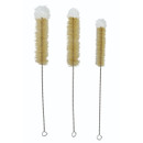 Set of three bottle cleaning brushes with long wire handles and stiff bristles, ideal for scrubbing bottles and narrow containers.