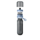 Exploded view of Brita water filter bottle showing cap, spout, microdisc filter, and bottle
