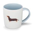 White ceramic mug with pale blue interior featuring a Dachshund illustration, perfect for dog lovers.