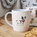 White ceramic mug with illustration of a French Bulldog wearing a red bandana, part of a dog-themed kitchenware collection.
