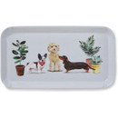 Close-up of small rectangular tray featuring dog illustrations and two potted plants on a light background.