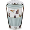 Cooksmart Curious Cats reusable travel cup with blue silicone grip and illustrated cat designs in retail packaging.