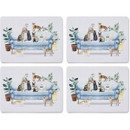 Set of four rectangular placemats featuring Curious Cats design with illustrated cats on a blue sofa surrounded by plants.