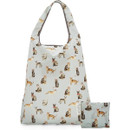 Reusable eco shopping bag with a Curious Cats design, featuring illustrated cats on a light grey background, shown with matching storage pouch.