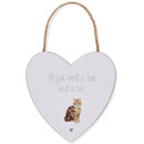 Heart-shaped wooden hanging sign with rope handle, featuring the text “All you need is love and a cat” and an illustration of a tabby cat with a blue collar.