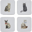 Square coasters with individual cat designs including Siamese, tabby, black, and long-haired cats.