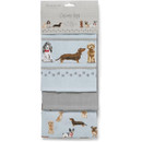 Packaged set of Cooksmart Curious Dogs tea towels, 100% cotton with charming dog prints, ideal as a practical and stylish kitchen accessory.