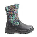 A side view of a black and multicoloured Heavenly Feet boot on a white background