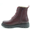 A side view of a burgundy lace-up Heavenly Feet ankle boot on a white background