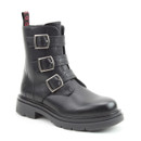 A front view of a black buckle Heavenly Feet ankle boot on a white background