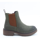 A side view of a green Heavenly Feet Chelsea ankle boot on a white background