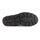 A close up view of the sole on a tall black buckle Heavenly Feet boot on a white background