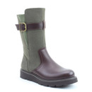 A front view of a green and brown tall Heavenly Feet boot on a white background