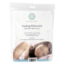 Plastic packaging of a Chill-Tex Cooling Pillowcase, featuring a snowflake logo. A woman peacefully sleeps on a pillow, evoking comfort and relaxation.