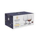 Box of Crystal Bohemia Colibri Collection cognac glasses. Features two glasses, one partially filled, elegant design, navy and gold packaging.