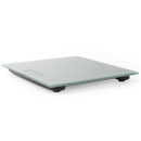 Sleek digital bathroom scale with a slim, transparent glass platform on four round feet, set against a plain white background. Modern and minimalist design.