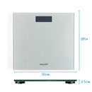 Digital bathroom scale with a sleek, silver design. It features a small display screen at the top and dimensions marked: 30cm wide, 28cm tall, 2.5cm thick.