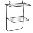 Black metal over-the-door drying rack with two horizontal shelves of rods. Sleek, minimalist design for efficient space-saving laundry solutions.