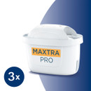 White water filter cartridge labeled "MAXTRA PRO" on a blue and white gradient background. A blue circle with "3x" indicates a pack of three. Modern and clean design.
