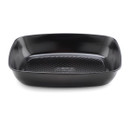 Non-stick black baking pan with a textured interior base, rectangular shape, and slightly curved edges. Appears durable and sleek.