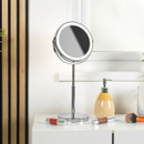 A round tabletop mirror with a shiny chrome frame sits on a white vanity. Nearby are two lipsticks, a pump bottle, and a makeup brush, conveying a tidy, modern feel.