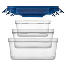 Three clear plastic food storage containers with measurement markings are stacked with blue lids. The containers vary in size, creating a tidy and practical look.