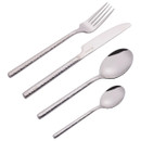 Elegant cutlery set on a white background, featuring a fork, knife, tablespoon, and teaspoon. Each piece has a sleek, textured handle design.