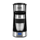 A sleek, modern coffee maker with a stainless steel finish and digital timer display. It includes buttons for programming and a detachable travel mug.