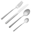 A polished stainless steel cutlery set on a white background, featuring a fork, knife, tablespoon, and teaspoon. The design is sleek and modern.