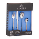 Boxed 16-piece cutlery set with a fork, knife, tablespoon, and teaspoon. The packaging is blue and black, with "Viners" and "25 Year Guarantee" displayed.