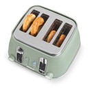 A green, four-slot toaster with two bagel halves inside. The design is retro-inspired, with chrome accents and control buttons on the front.