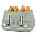 Green four-slice toaster with bread slices popping out. Silver controls and buttons on front. Modern, retro-inspired design.