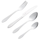 A sleek four-piece stainless steel cutlery set on a white background, featuring a fork, butter knife, tablespoon, and teaspoon, conveying elegance.