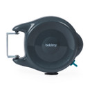 A dark grey retractable wall-mounted hose reel against a white background. The compact, circular design features a side bracket and blue locking lever.