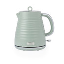 A sage green electric kettle with a ribbed texture, silver accents, and a rounded handle. The mood is modern and minimalist, evoking simplicity.