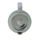 Top view of a round thermos lid with a silver metallic finish and a pastel green handle. The design is sleek and modern, conveying functionality.